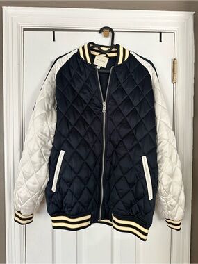 silence + noise Navy & Off White Quilted Bomber with Yellow-Trim